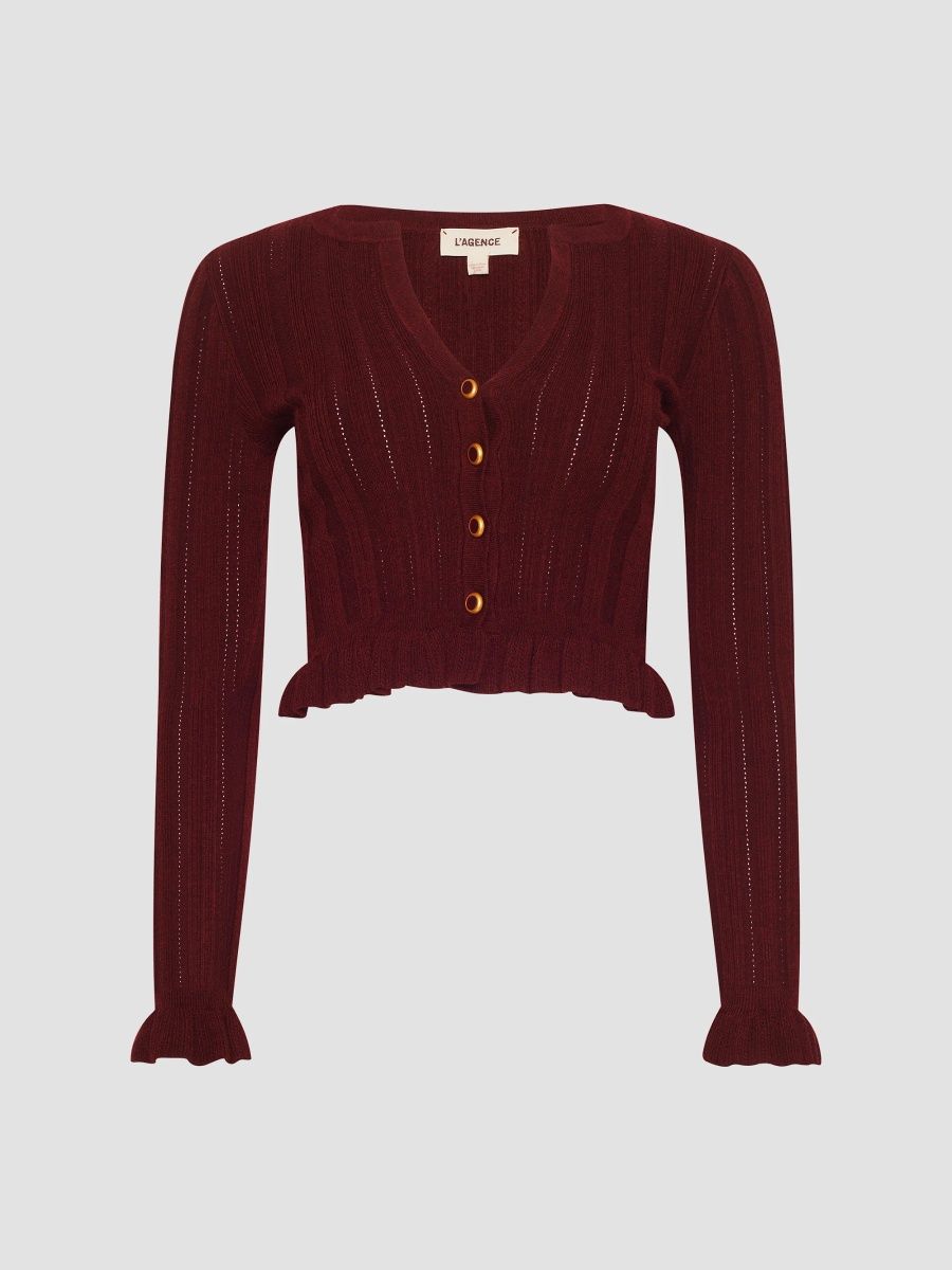 L'AGENCE Women's Finian Ruffle-Trim Ribbed Cardigan - Dark Syrah Gold - Size XL