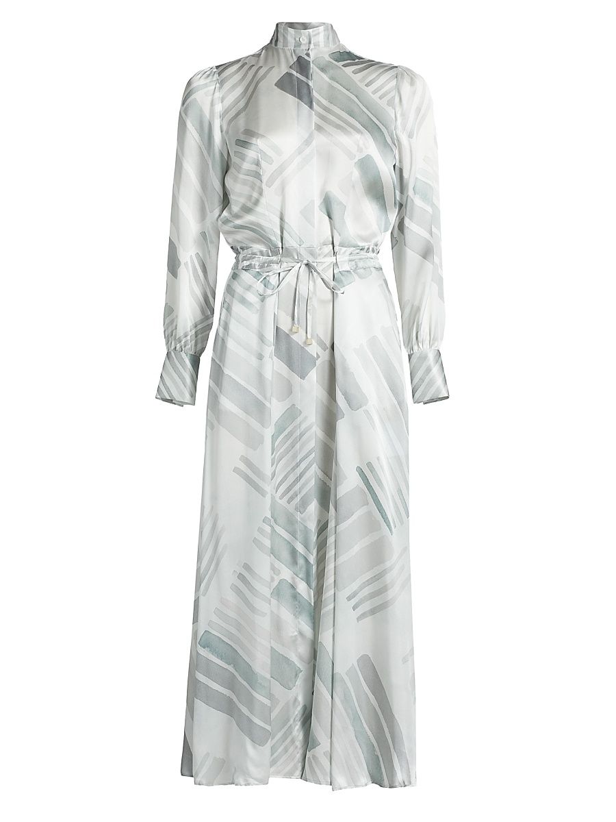 Women's Abstract Silk Long-Sleeve Maxi Dress - Grey Azure - Size 10