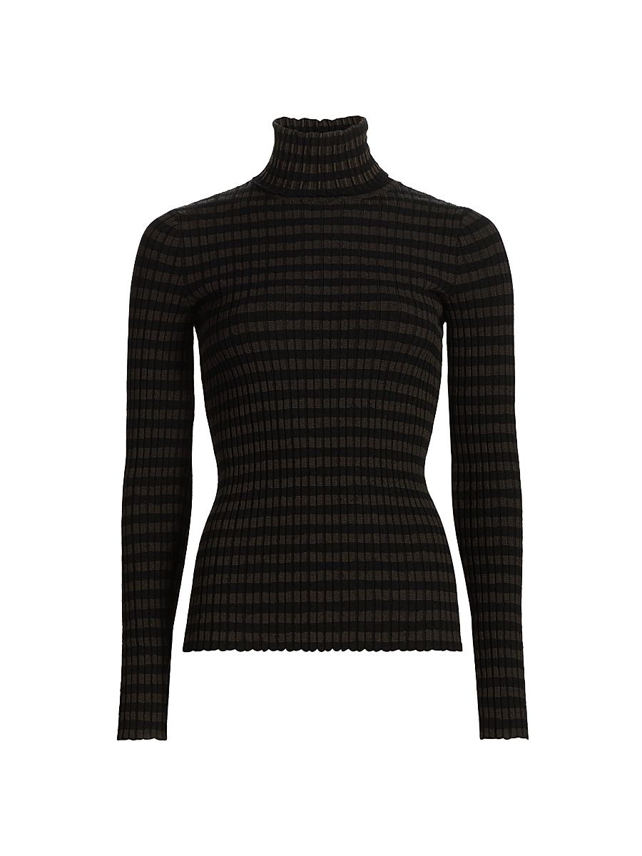 Women's Striped Mock-Turtleneck Sweater - Black Brown - Size XS