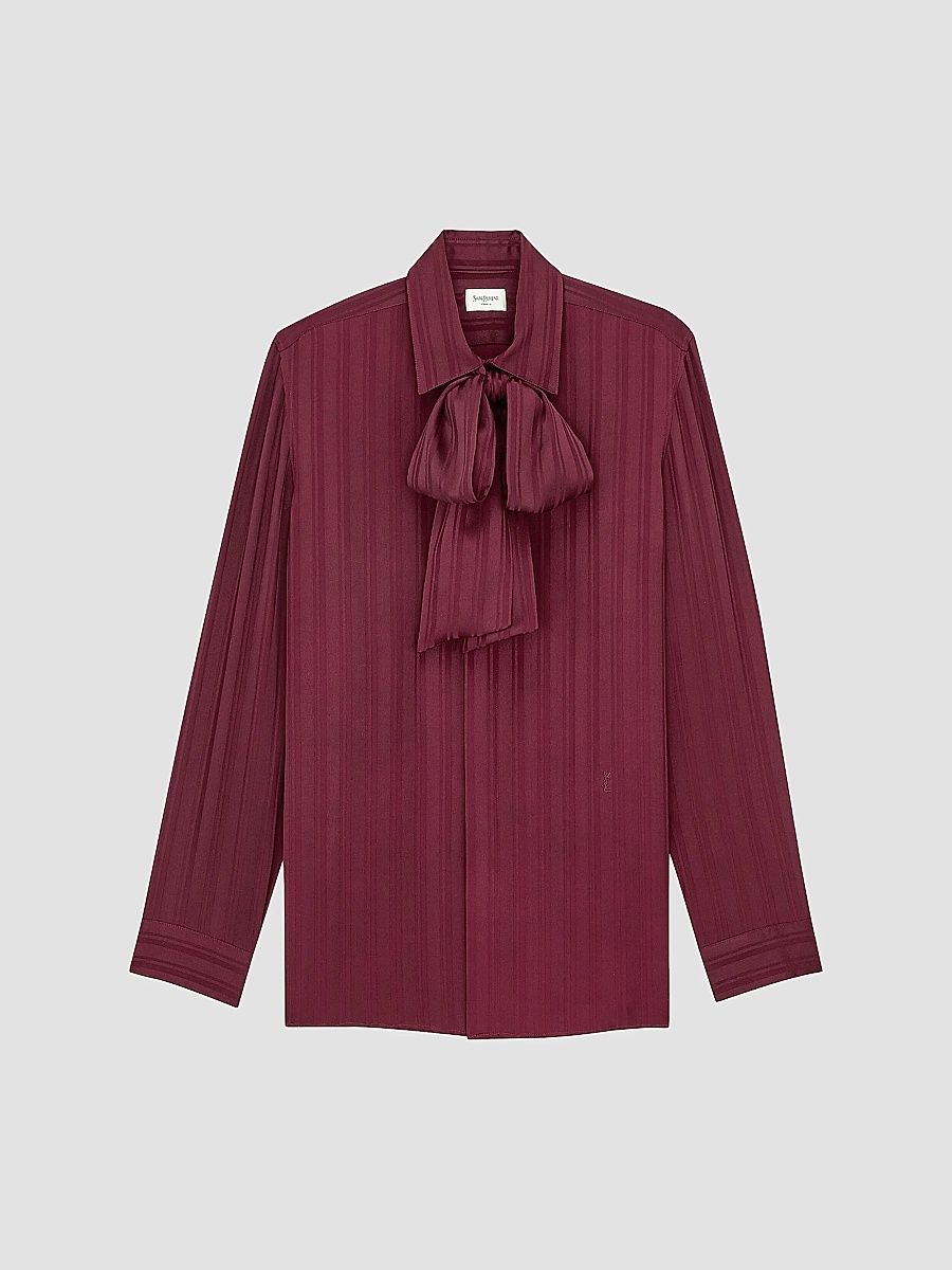 Saint Laurent Women's Cassandre Lavalliere Blouse Shirt in Striped Silk Jacquard - Bordeaux - Size 6