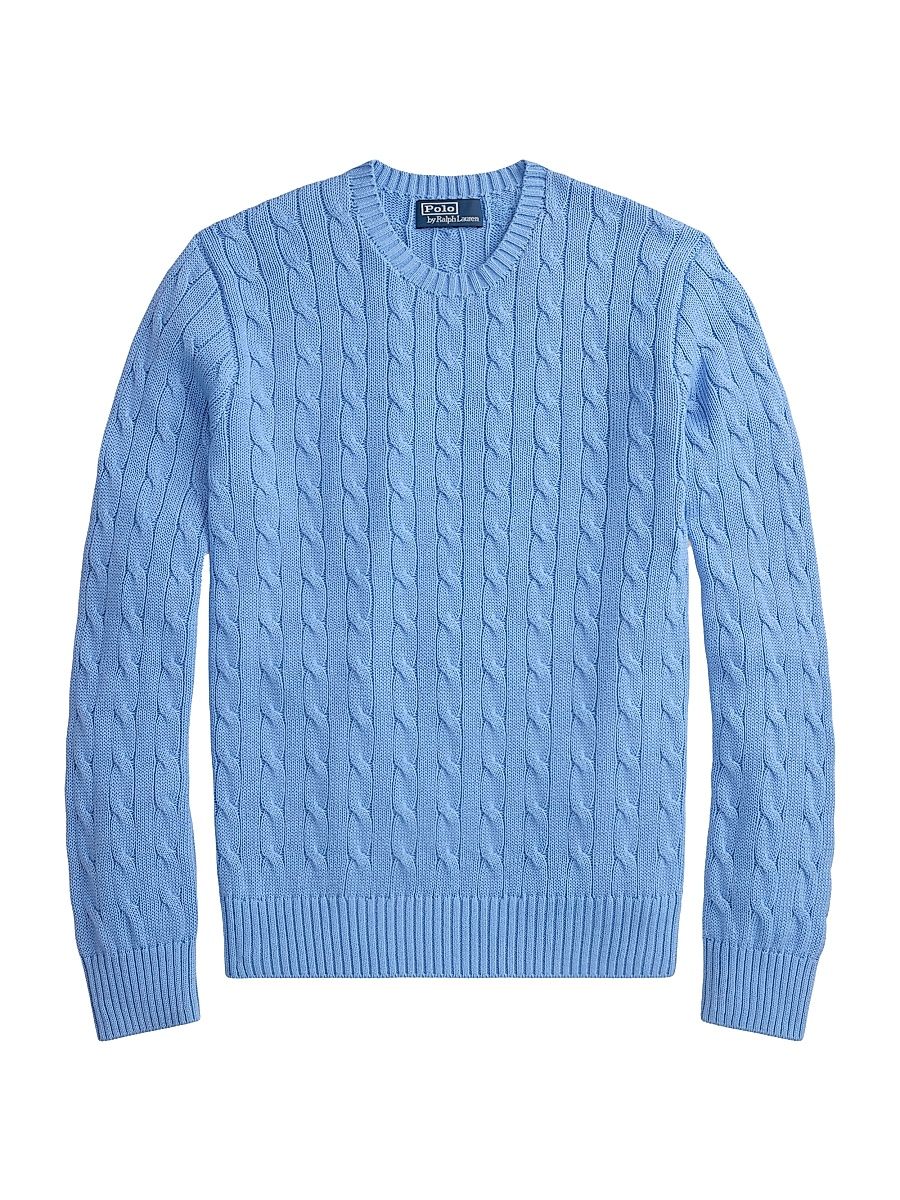 Men's Cotton Cable-Knit Crewneck Sweater - Sky Blue - Size Large
