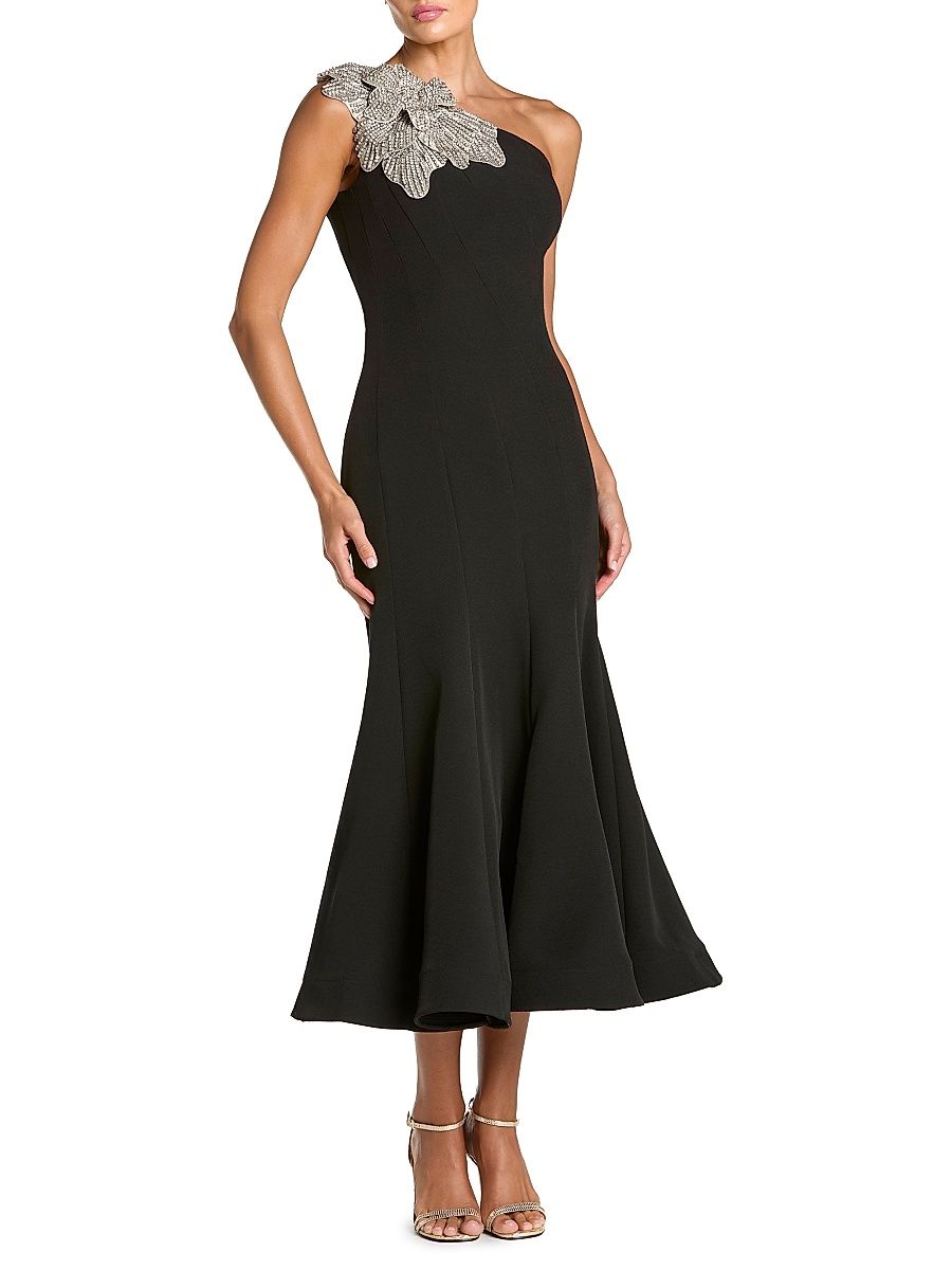 Women's Embellished Crepe One-Shoulder Mermaid Midi-Dress - Black - Size 16