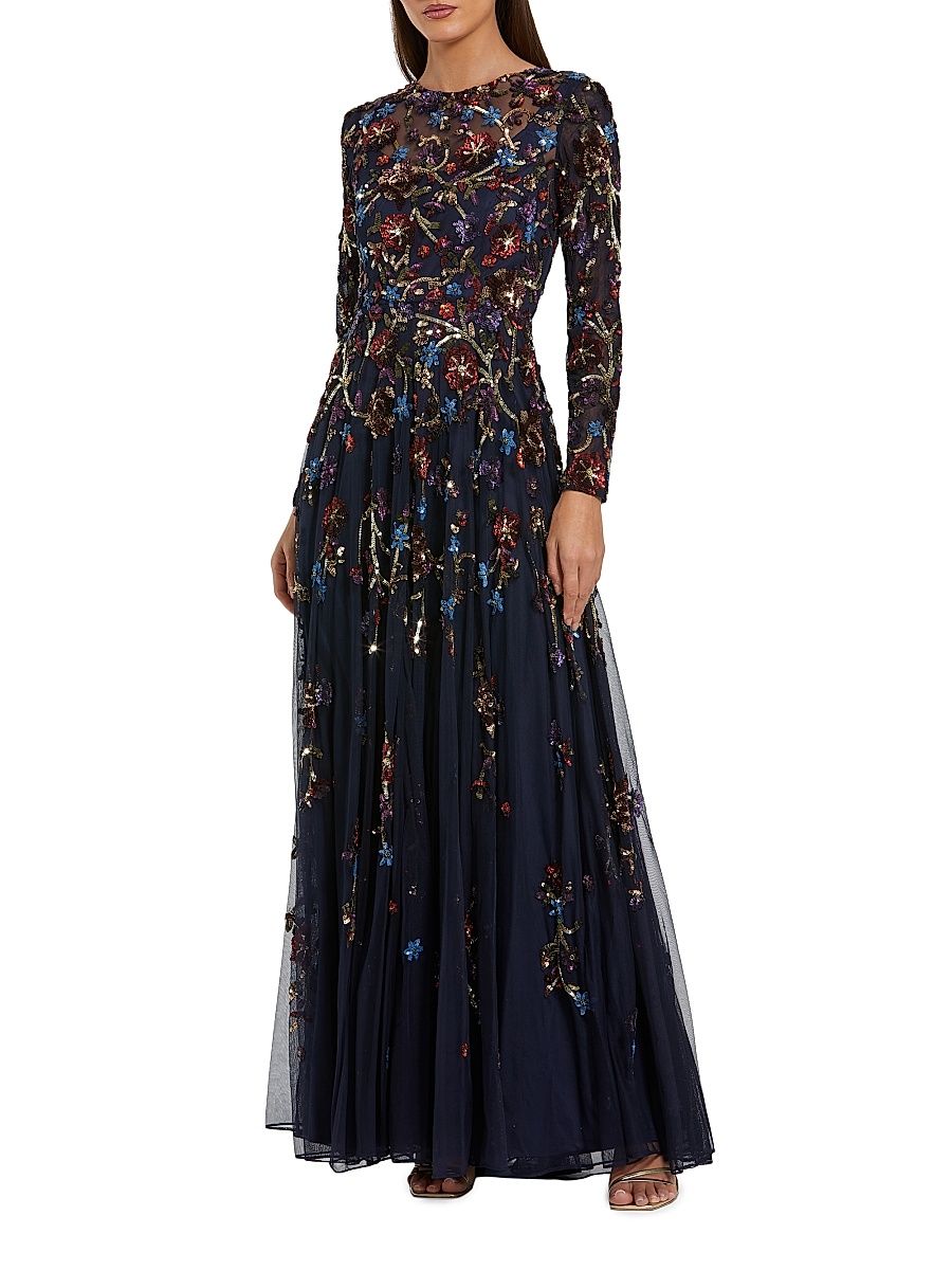Women's Floral Beaded Mesh A-Line Gown - Midnight Multi - Size 24