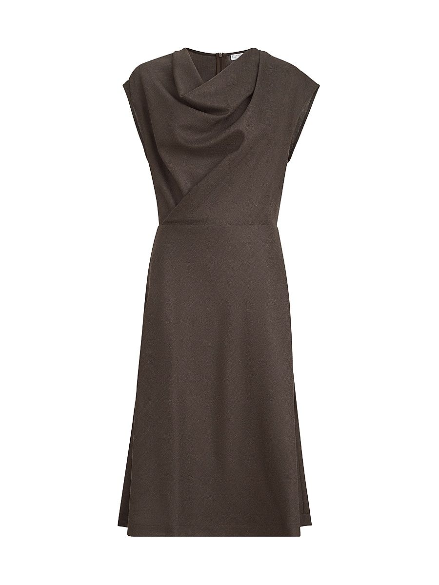 Women's Virgin Wool Diagonal Flannel Wrap Effect Dress with Monili - Pine Cone Brown - Size XXS