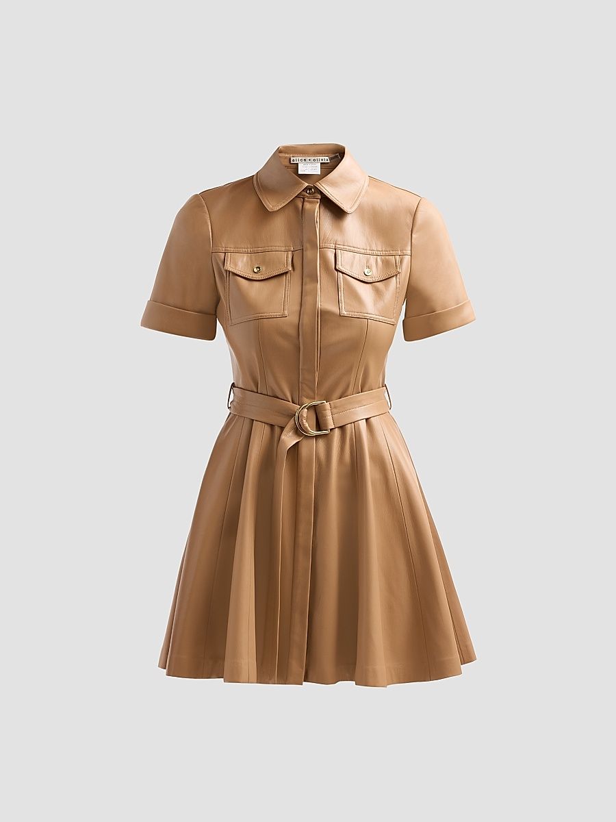 Women's Lucy Faux Leather Belted Mini Shirtdress - Tan - Size 6