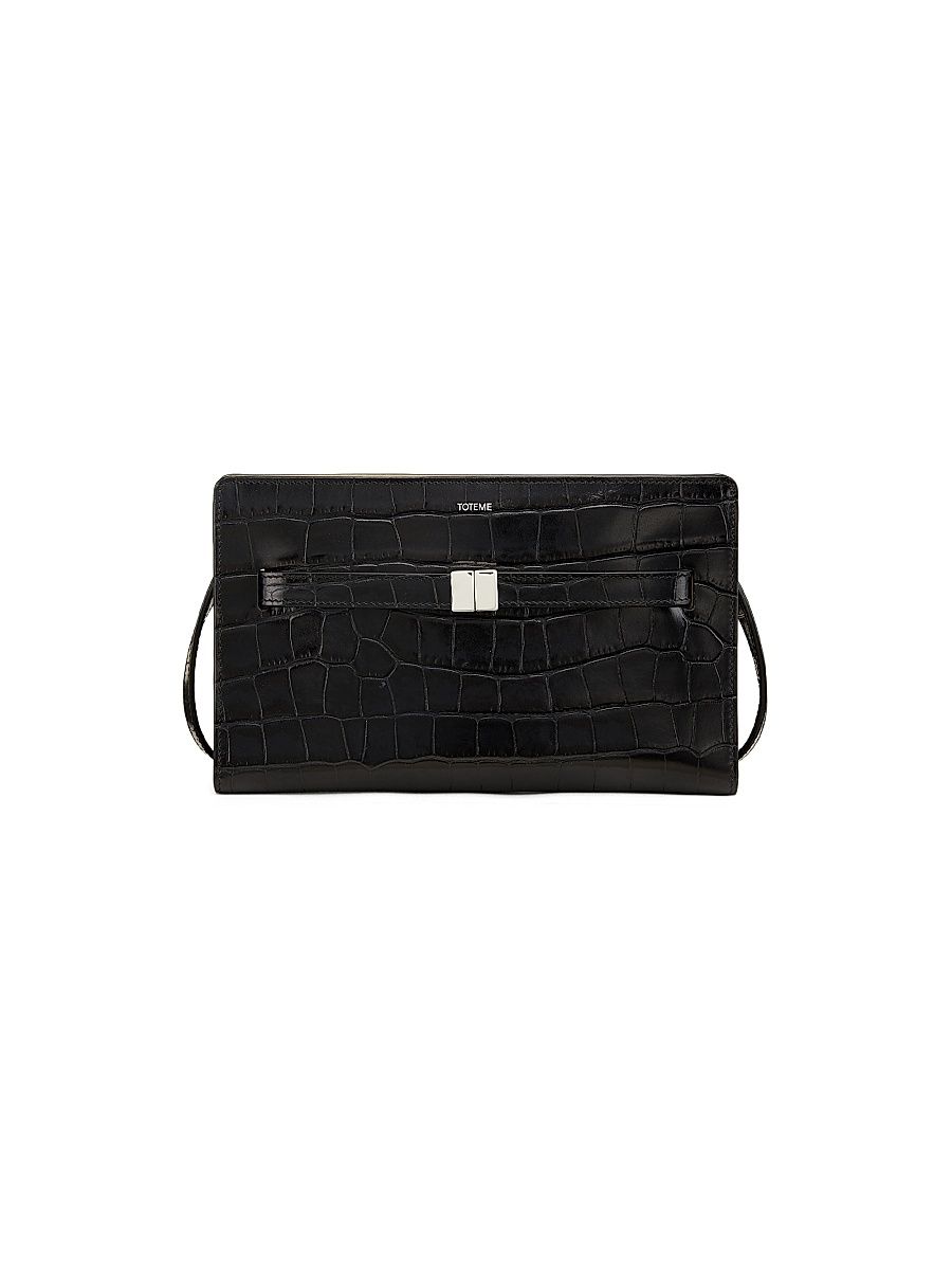 Women's Belted Croco-Embossed Leather Crossbody Bag - Black
