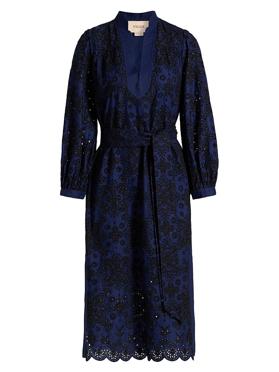 Women's Clove Embroidered Belted Midi-Dress - True Navy - Size Large