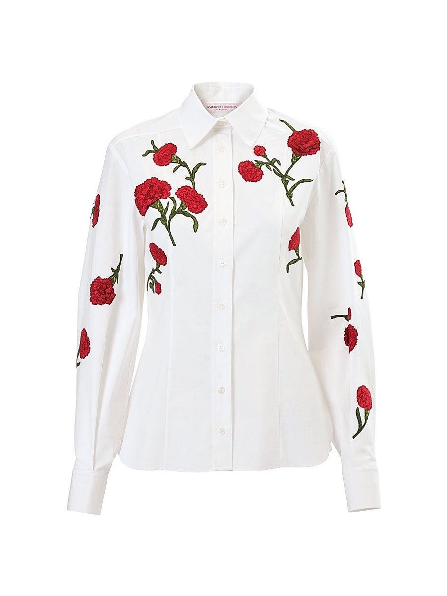 Women's Carnation-Embroidered Cotton Shirt - White Multi - Size 14