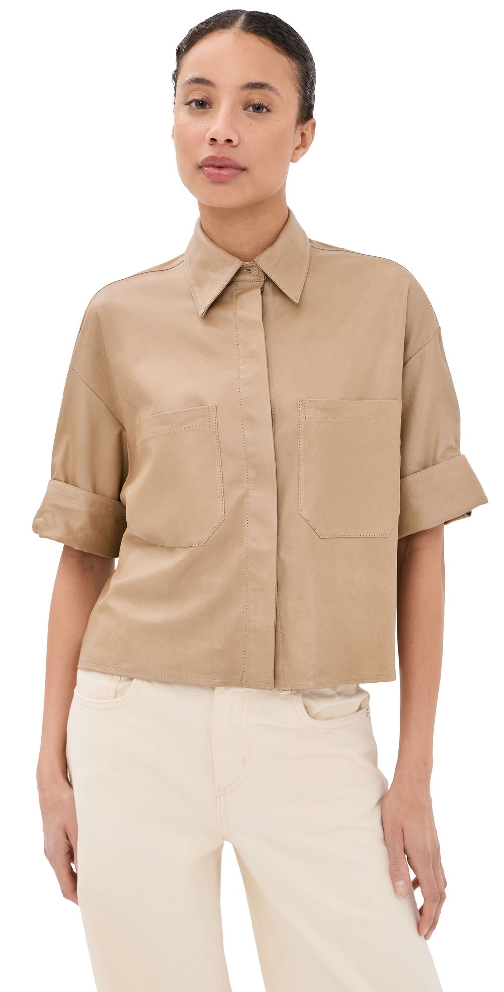 TWP My Mistake Lambskin Button Down Top British Khaki P