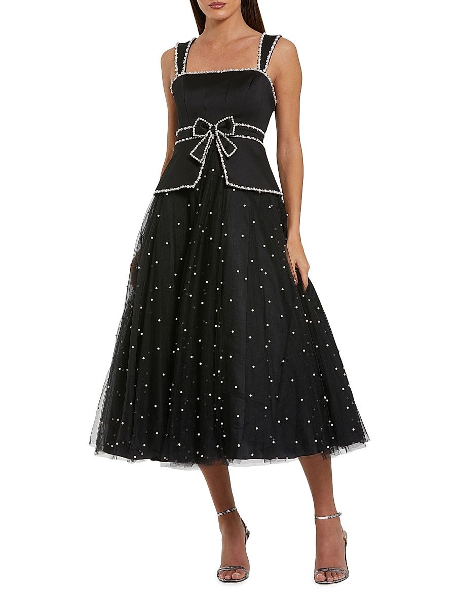 Women's Imitation Pearl-Embellished Tulle Cocktail Dress - Black Ivory - Size 14