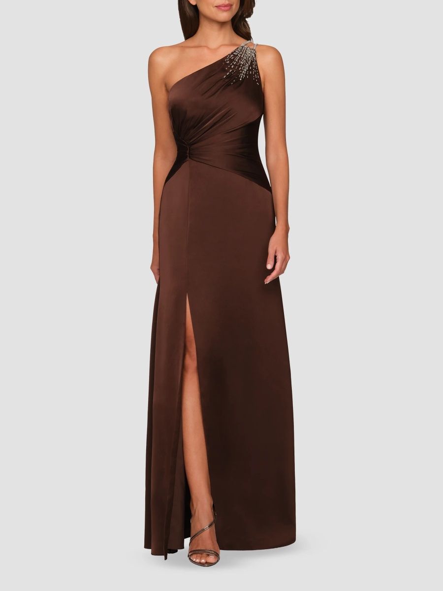 Theia Women's Adriana One-Shoulder Satin Gown - Chocolate - Size 14