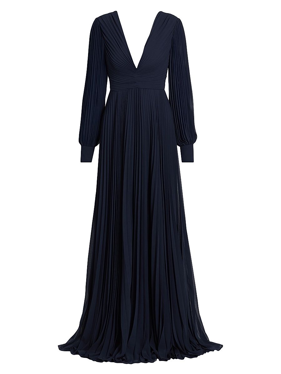 Women's Pleated V-Neck Gown - Navy - Size 16