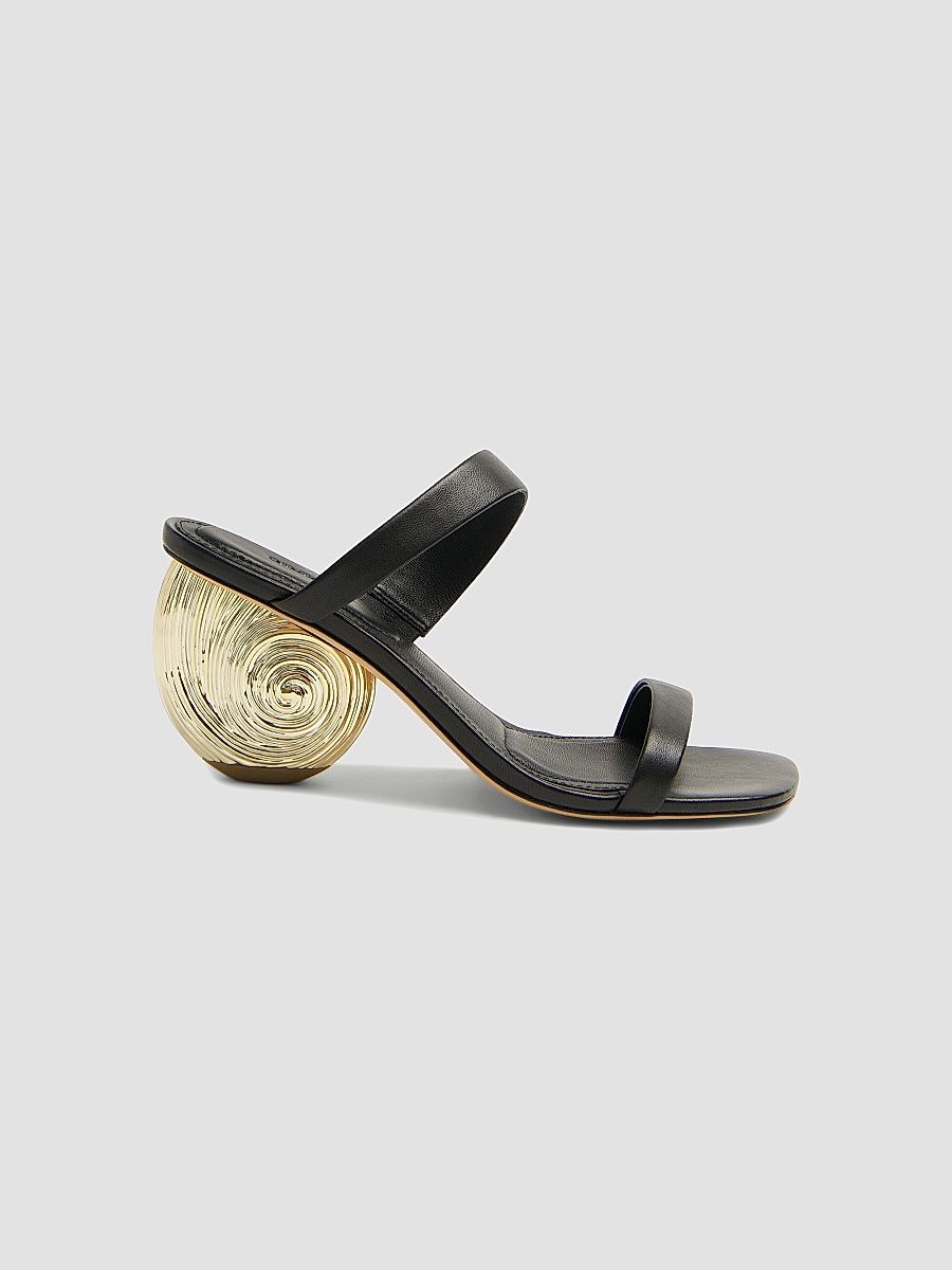 SIMKHAI Women's Marion 75MM Seashell-Heel Leather Sandals - Black Gold - Size 5