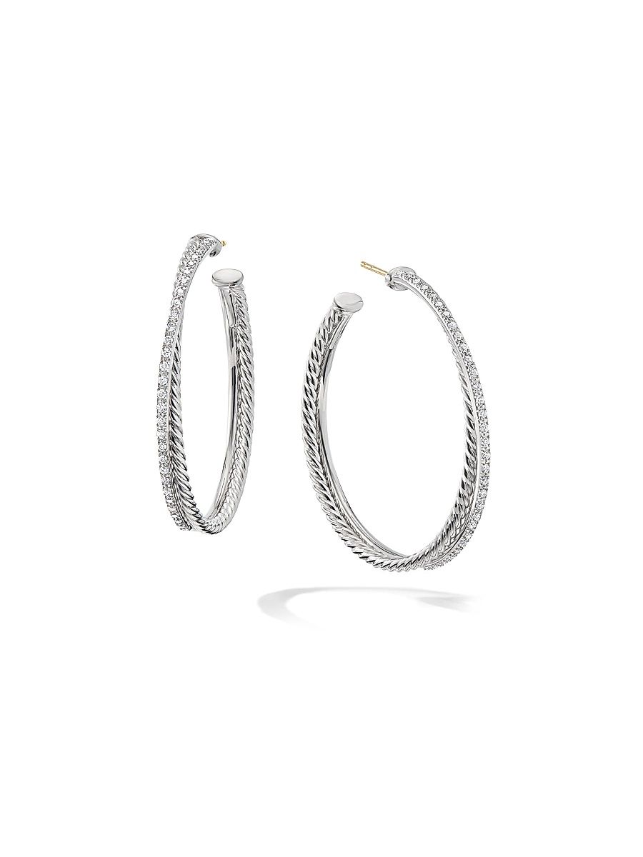 Women's Crossover Hoop Earrings in Sterling Silver with Diamonds - Diamond