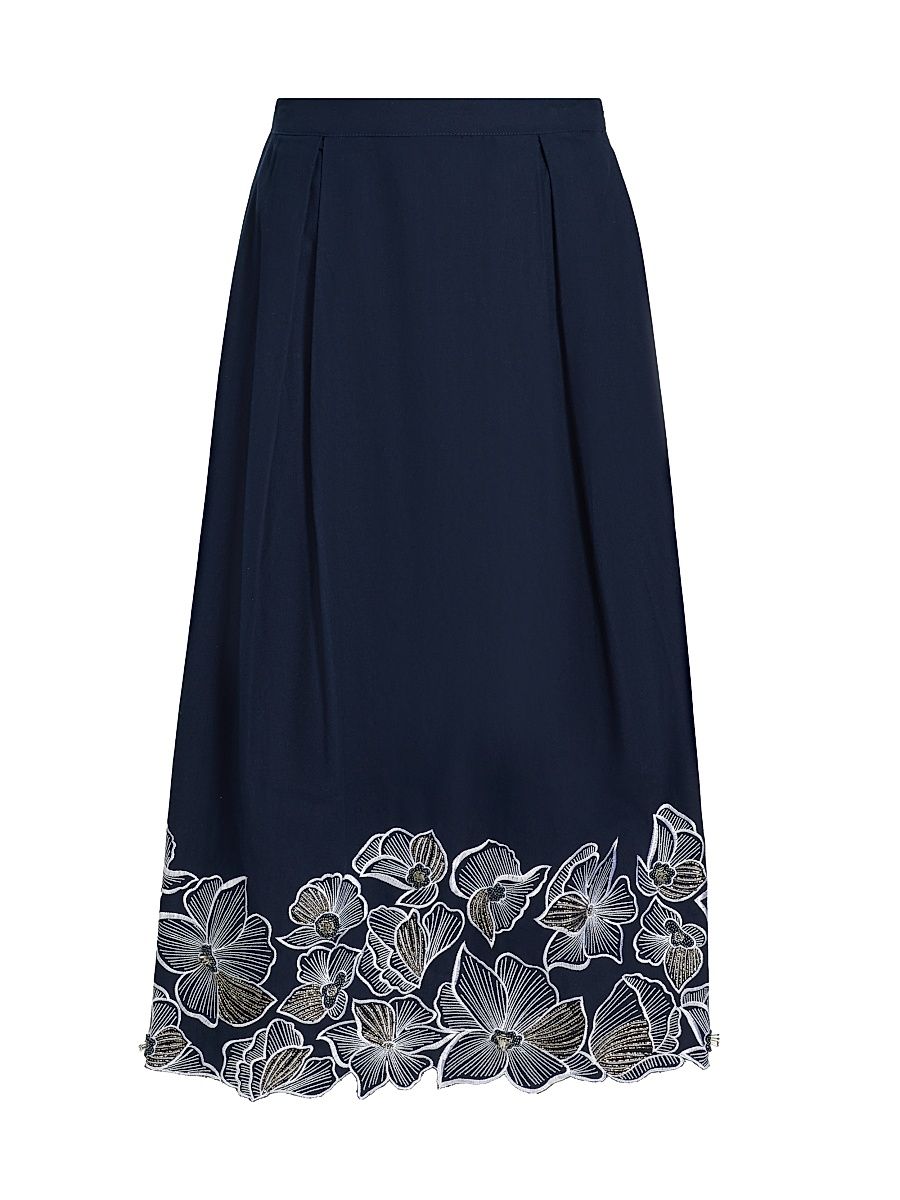 Women's Stacy Floral-Embroidered Cotton Midi-Skirt - Deep Indigo - Size 12
