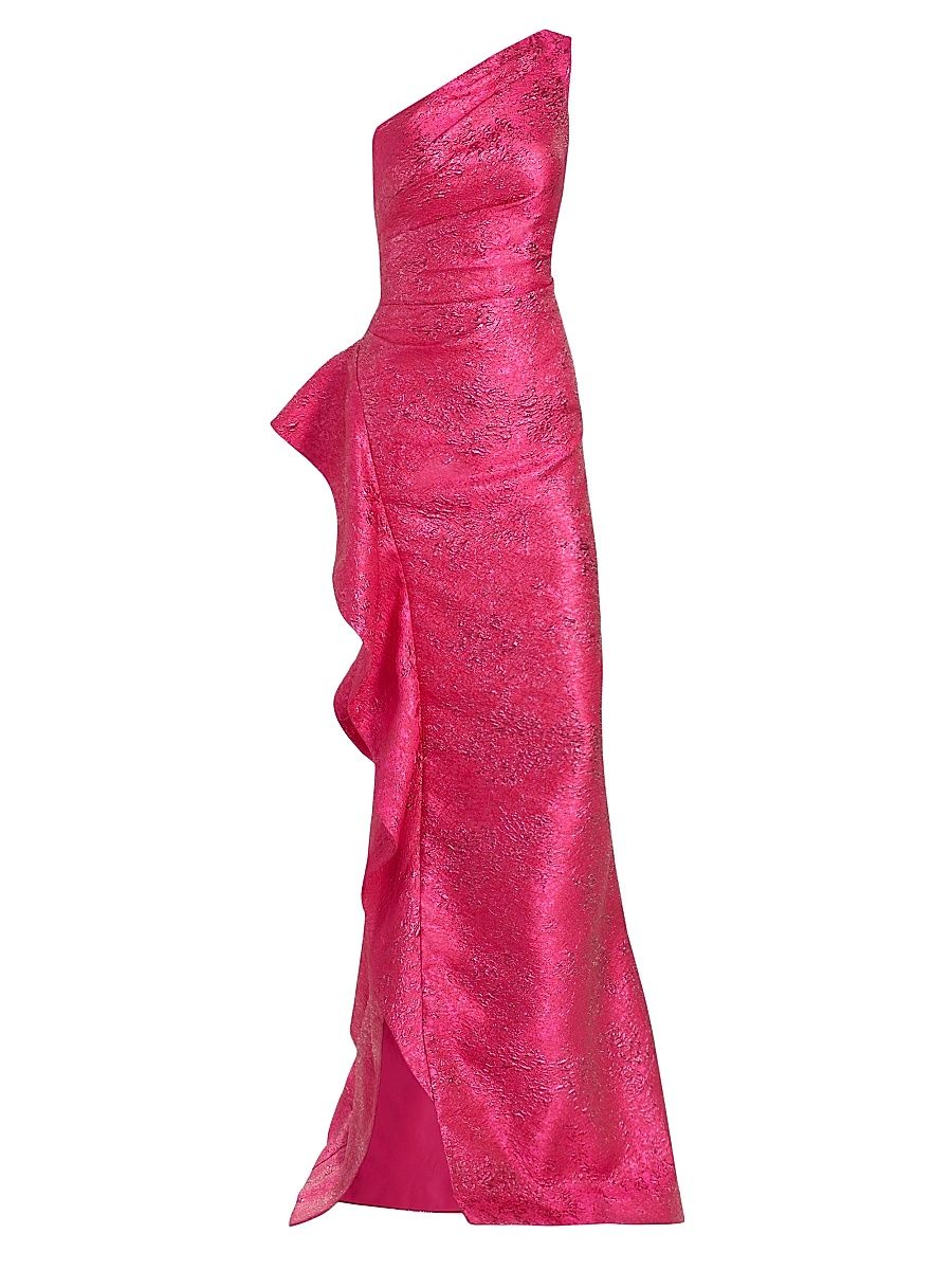 Women's Jacquard One-Shoulder Ruffle Column Gown - Hot Pink - Size 18