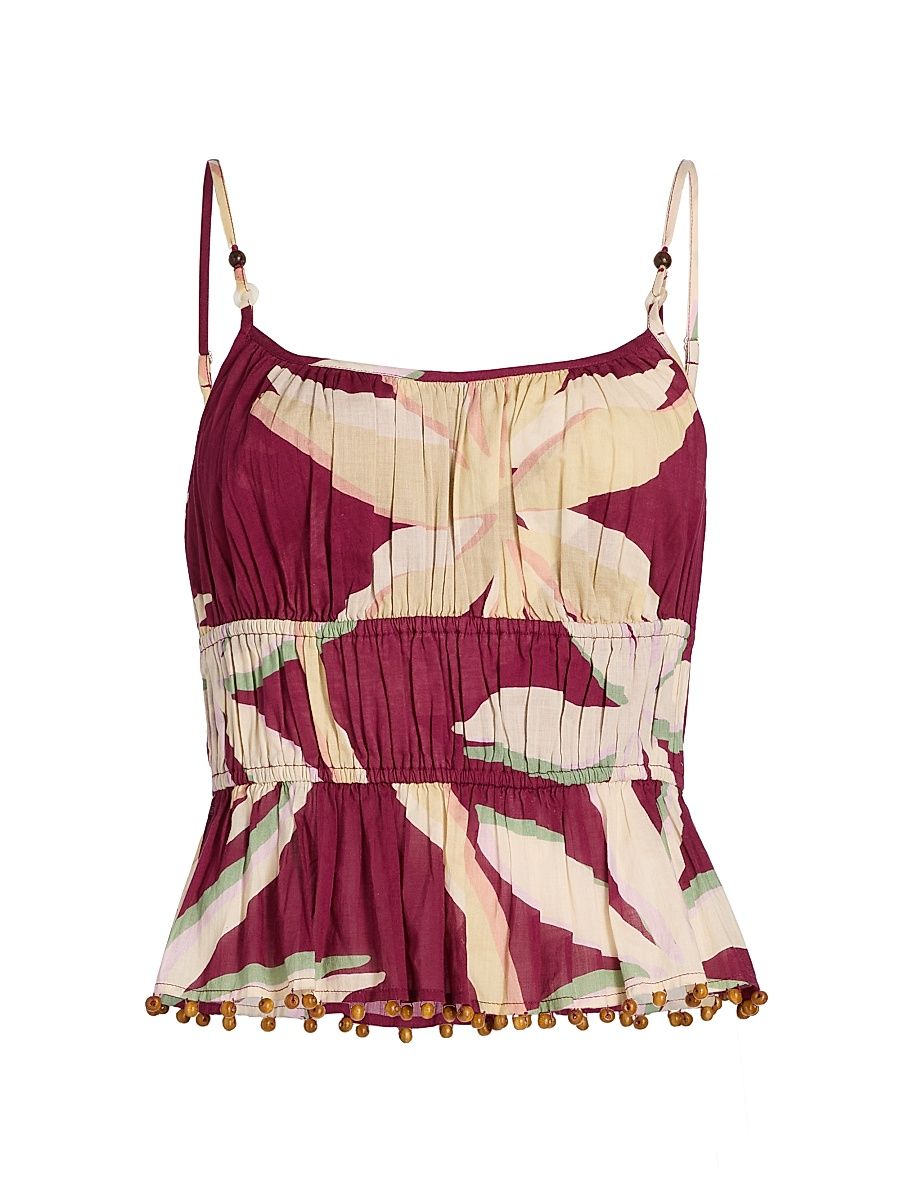 Women's Theda Palm Print Cotton Peplum Crop Top - Red Palma - Size Large