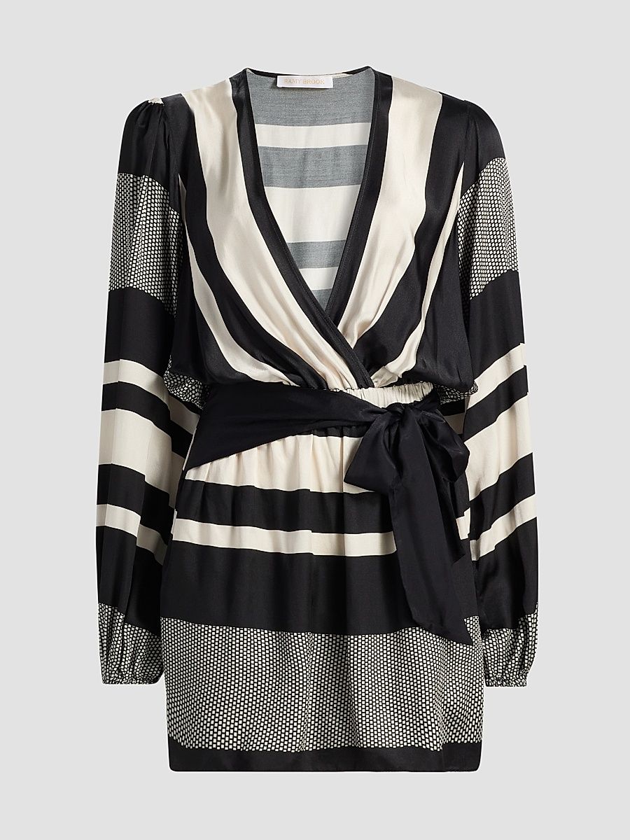 Women's Nina Printed Tie-Waist Mini Dress - Black Stripe Combo - Size XXL