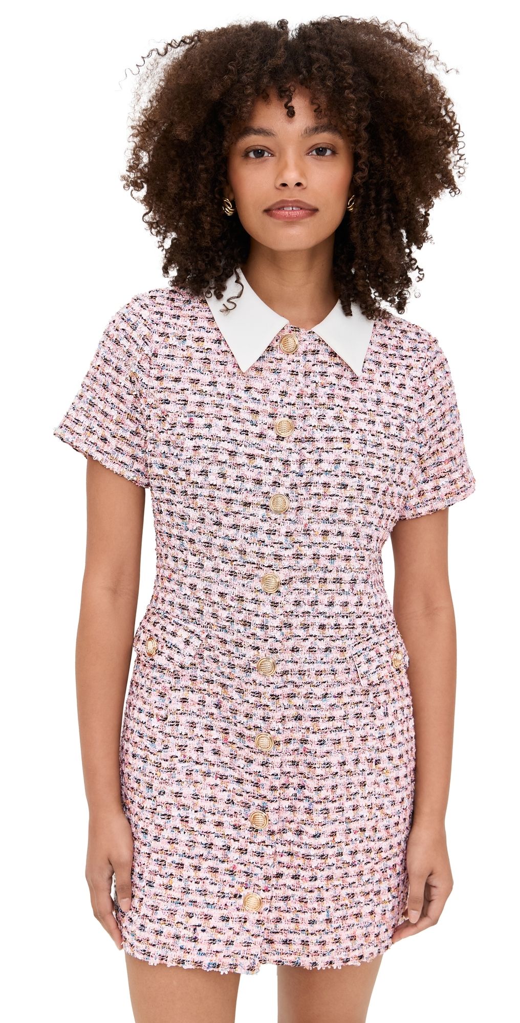 endless rose Multi Tweed Collared Short Sleeve Dress Pink Multi S