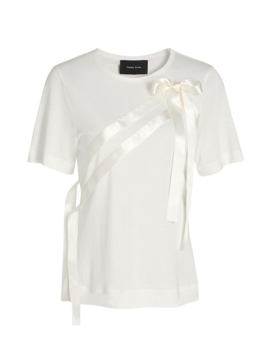 Women's Satin Bow Sash Jersey T-Shirt - Ivory - Size Small
