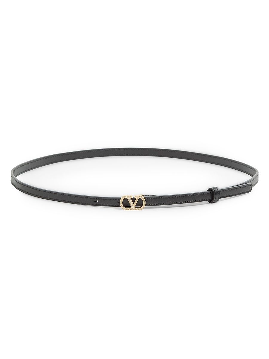Women's VLogo Signature Belt in Shiny Calfskin with Crystals, 10MM - Black - Size XS