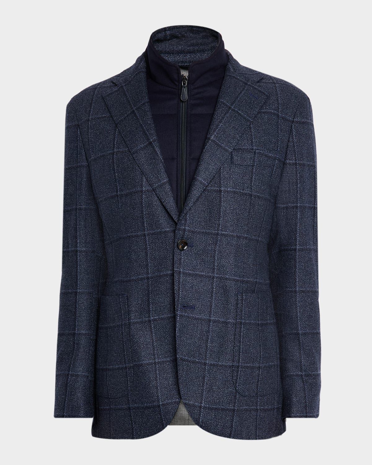 Men & apos;s Windowpane Wool and Silk Sport Coat with Zip Vest
