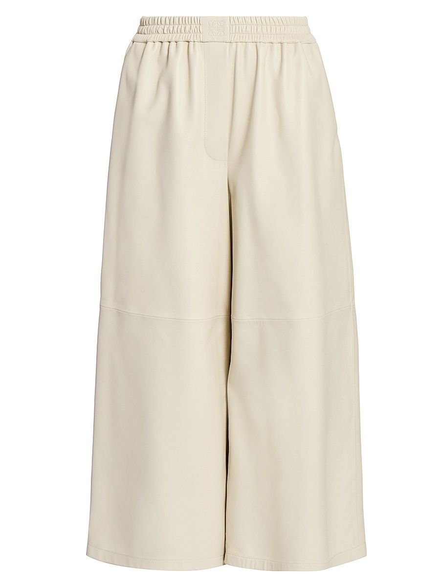 Women's Leather Crop Trousers - Light Beige - Size Large