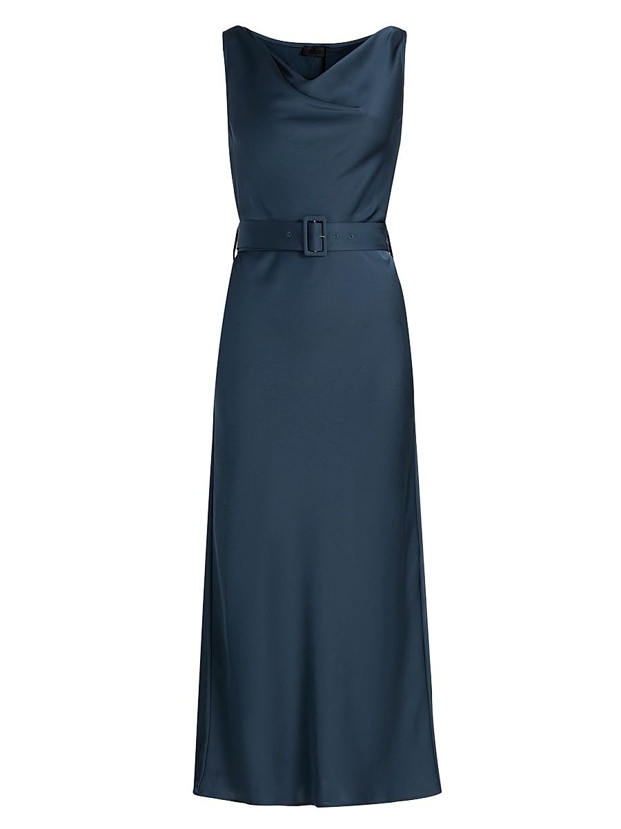 Women's Satin Belted Cowlneck Midi-Dress - Marine - Size 10