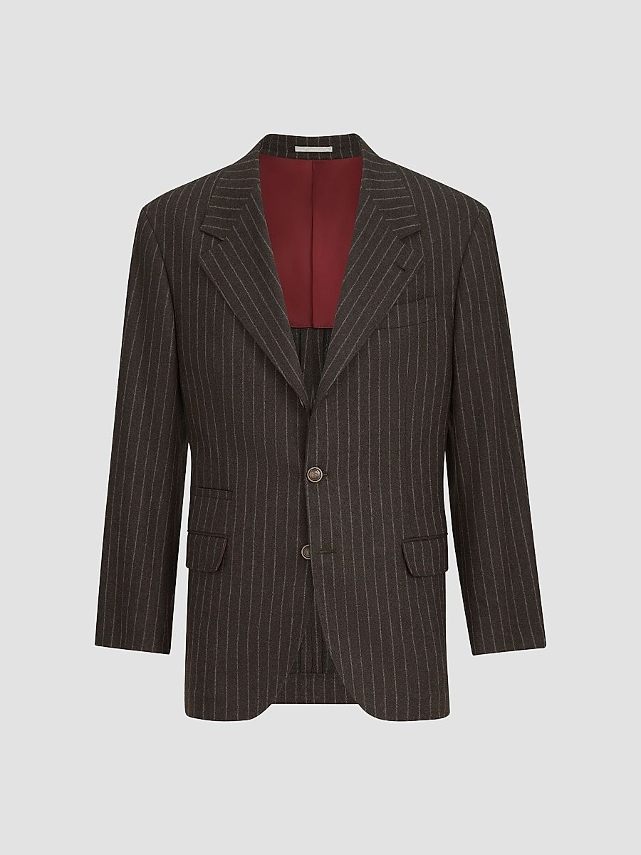 Men's Virgin Wool and Cashmere Chalk Stripe Flannel Tailor Blazer - Brown - Size 44