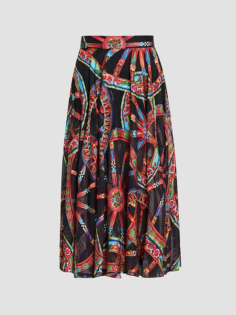 Women's Geometric Silk-Blend Pleated Midi-Skirt - Ruote Carretto - Size 8