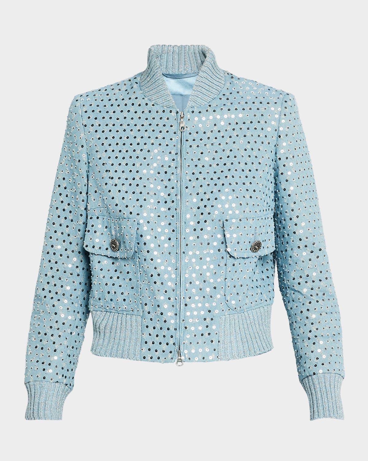 Sequin Distressed Denim Bomber Jacket