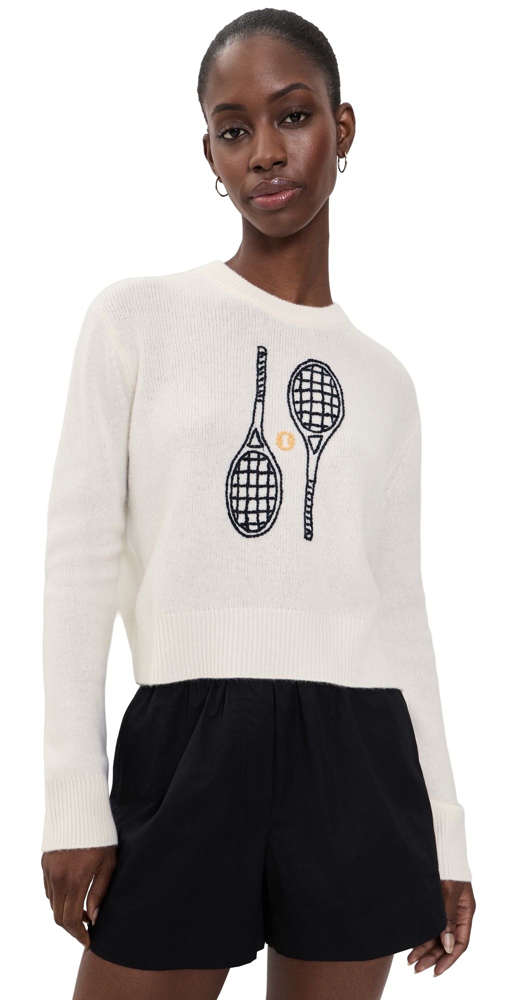 White & Warren Cashmere Tennis Racquet Sweatshirt Soft White Combo XS