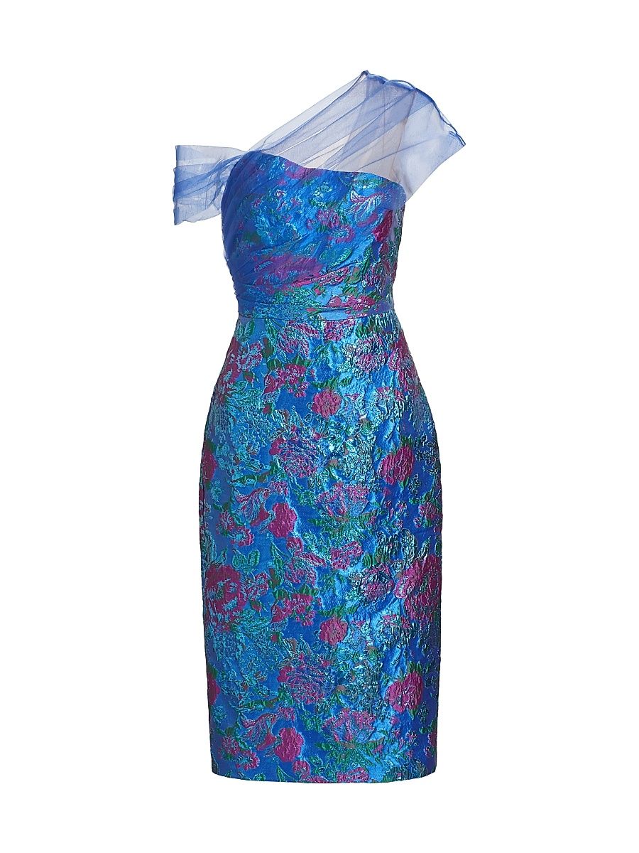 Women's Jaylen One-Shoulder Brocade Midi-Dress - Blue - Size 12