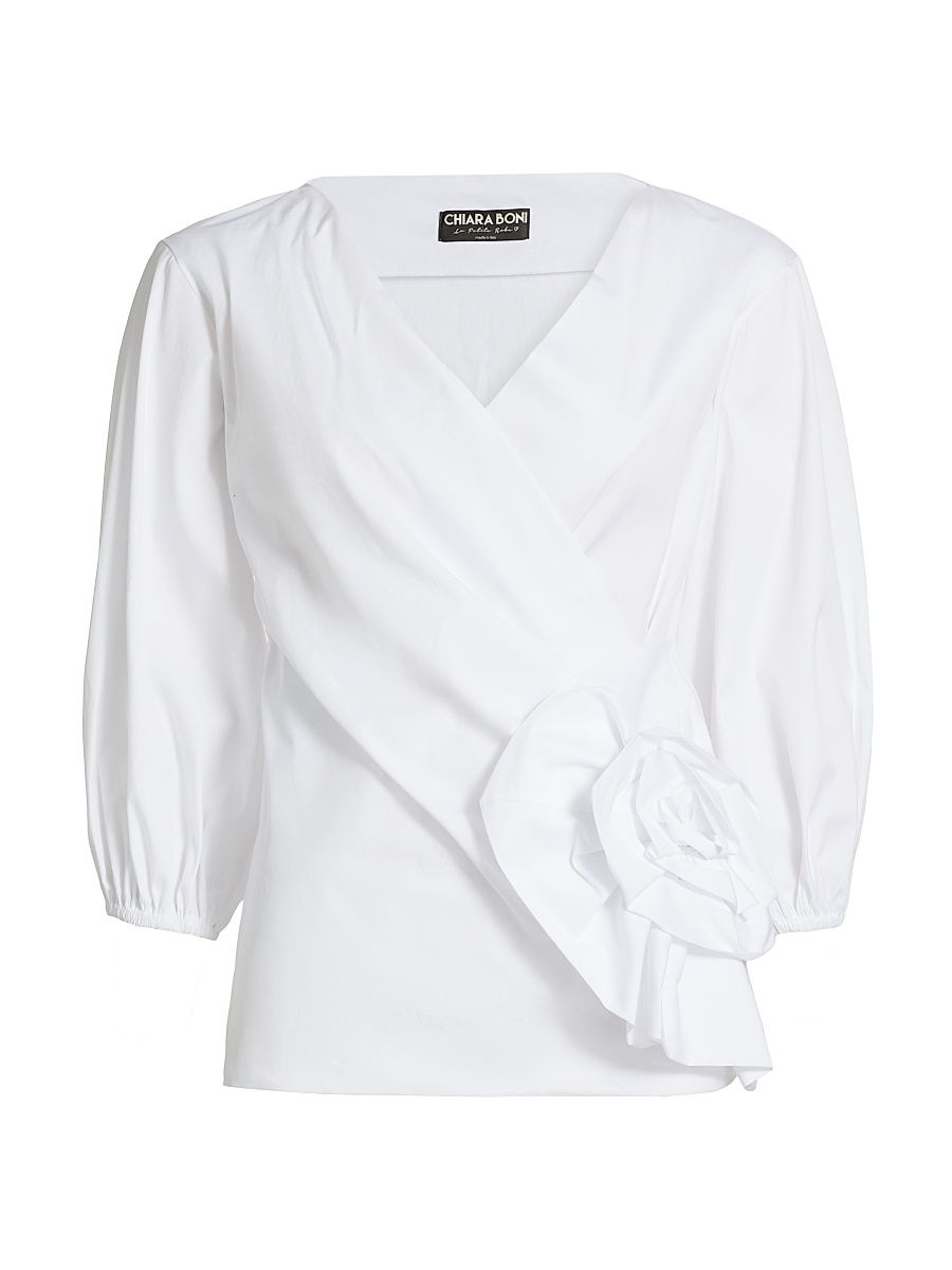Women's Elizee Rosette-Waist Cotton Faux-Wrap Top - Bianco - Size 4