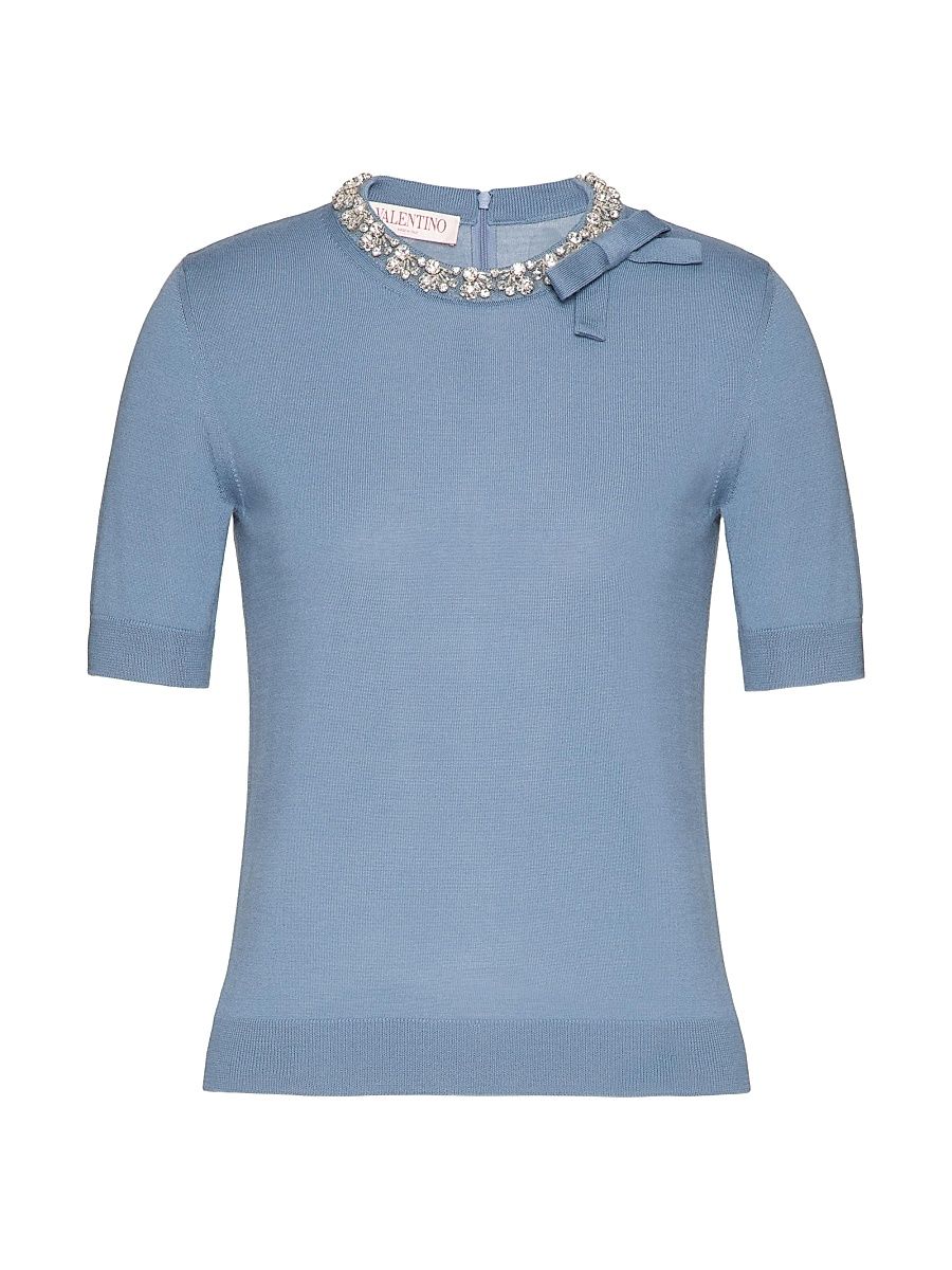 Women's Embroidered Wool Sweater - Azure - Size Small