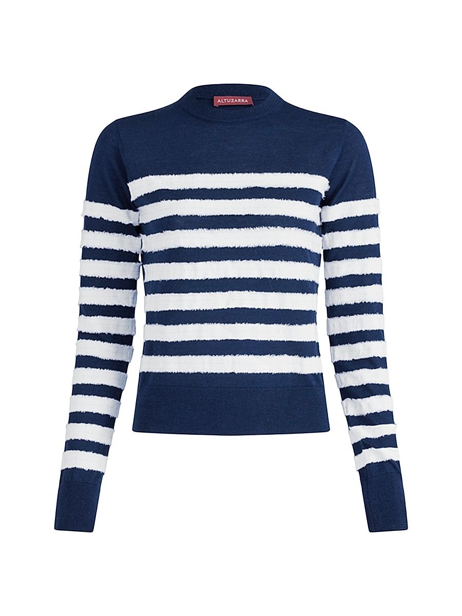 Women's Skippy Striped Merino Wool-Silk Sweater - Navy - Size Medium