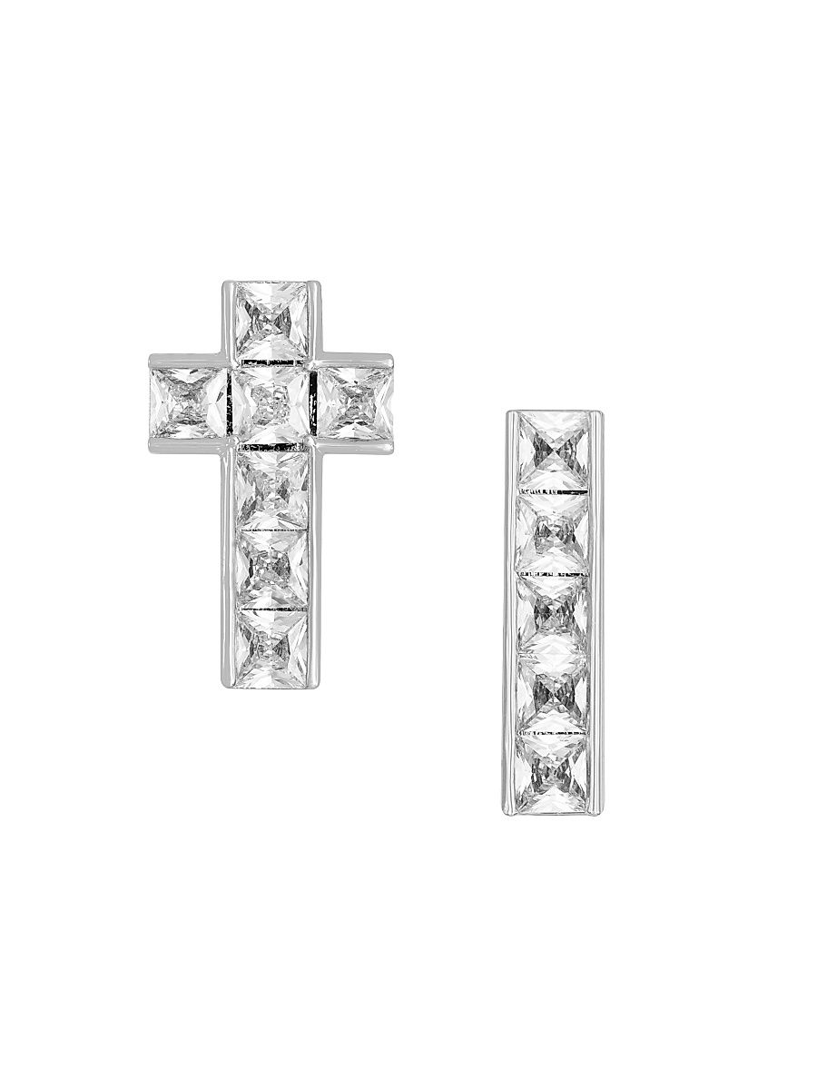 Women's Just The [Un]Ordinary 18K White-Gold-Plated & Cubic Zirconia Mismatch Cross Tennis Earrings - White