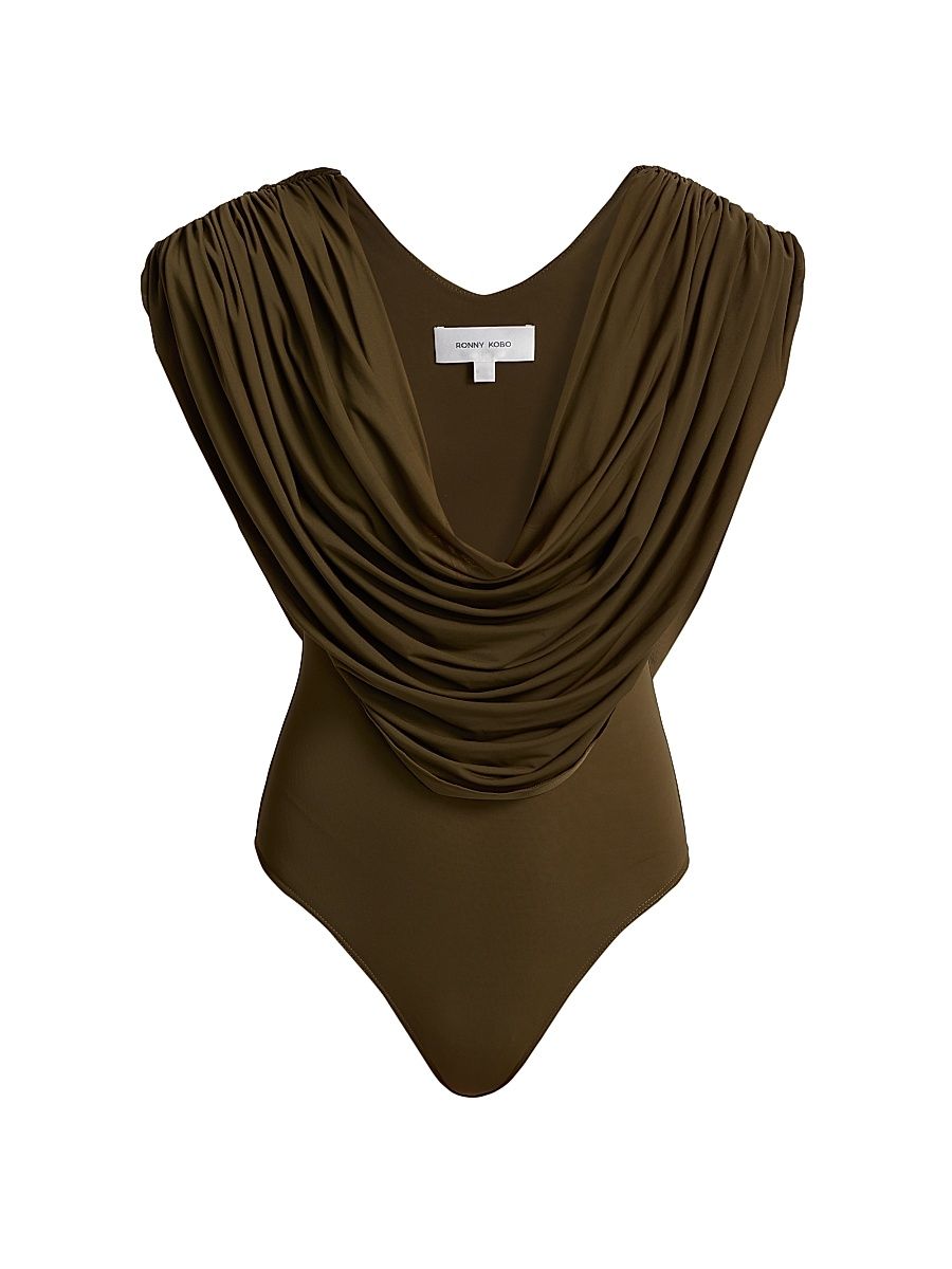Women's Cindi Plunging Cowlneck Bodysuit - Burnt Olive - Size Large