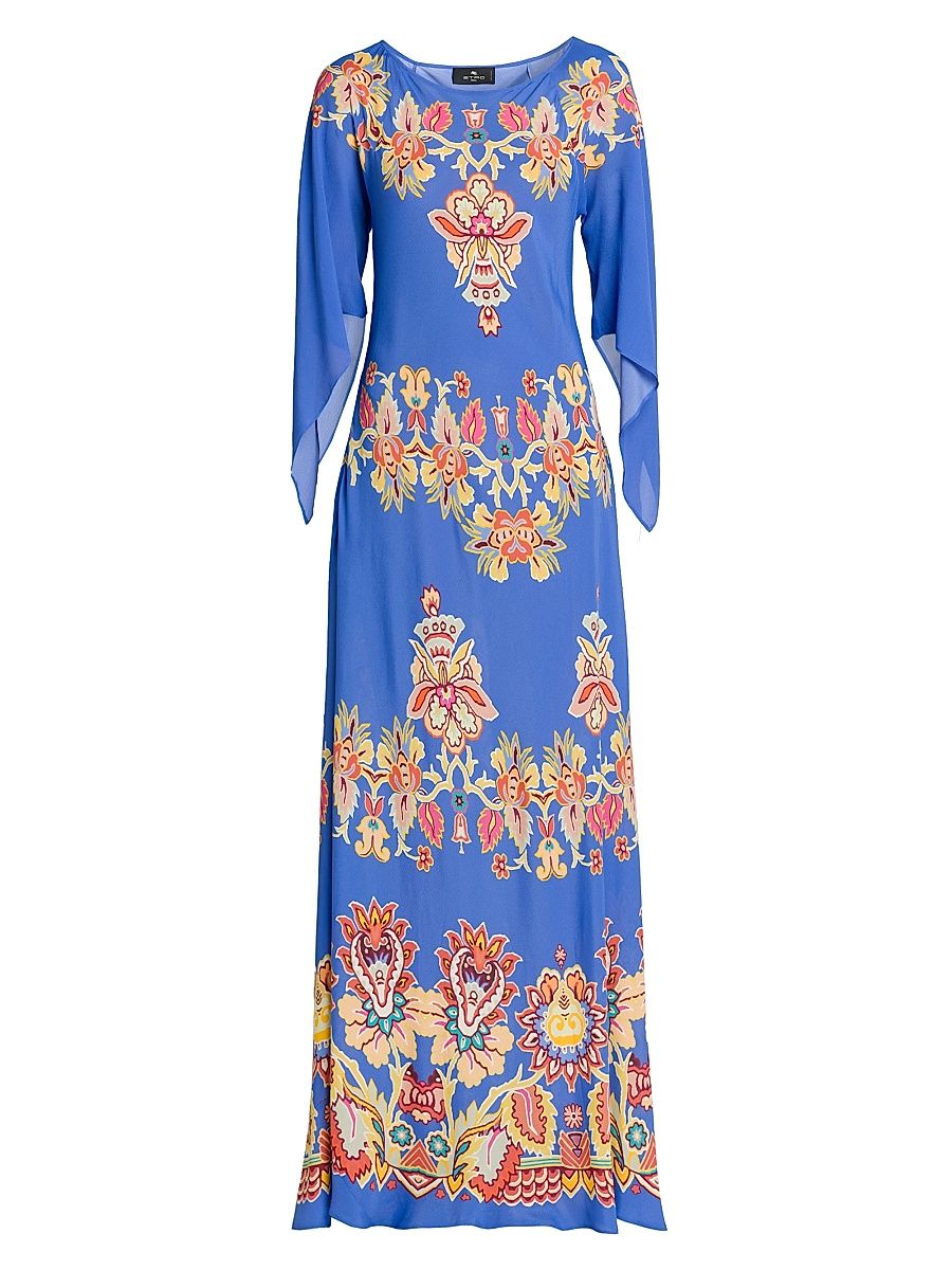 Women's Bouquet Long-Sleeve Cover-Up Maxi Dress - Printed Azure Base - Size 2