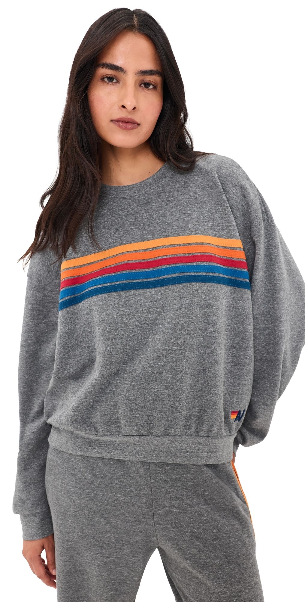 Aviator Nation 5 Stripe Relaxed Crew Sweatshirt Heather Grey L