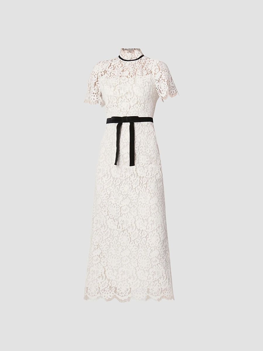Shoshanna Women's Elyse Lace Velve Ribbon Midi Dress - Ivory - Size 14