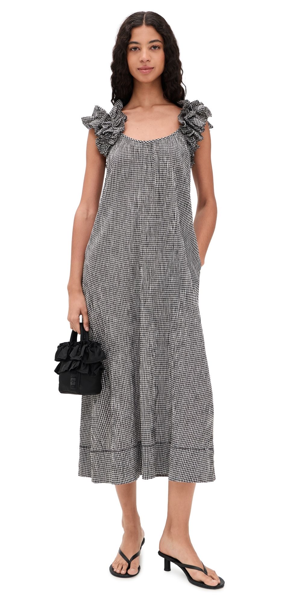 THE GREAT. The Ruffle Coverup Black & Cream Check 2