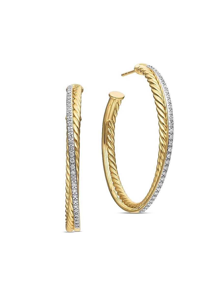 Women's Crossover Hoop Earrings in 18K Yellow Gold with Diamonds - Diamond