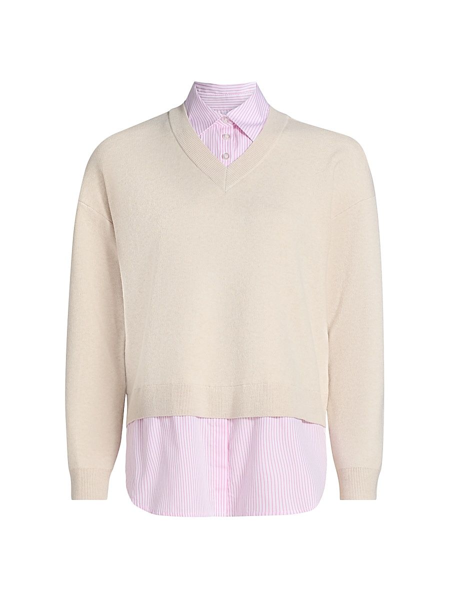 Women's Layered Striped Shirt & Sweater Top - Hummus - Size Medium