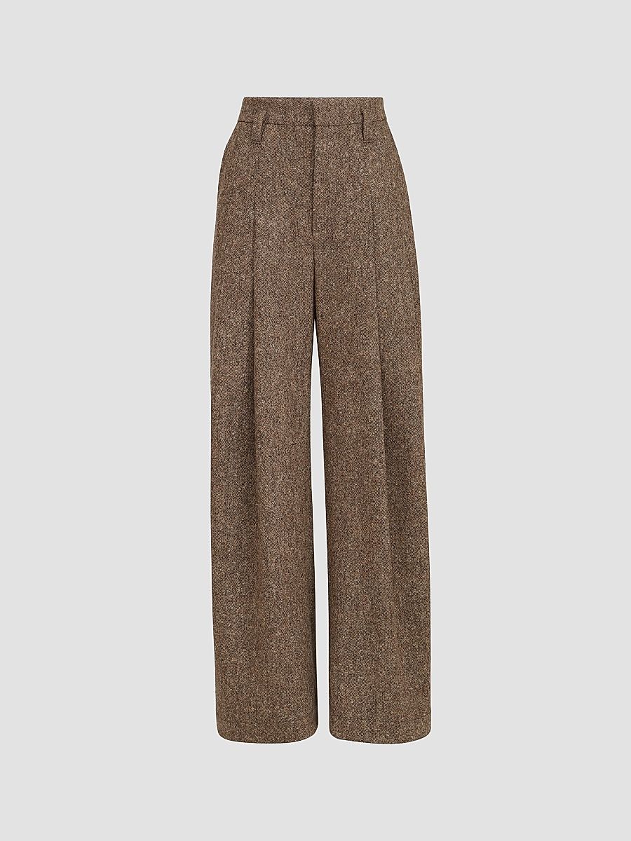 Women's Virgin Wool Donegal Pleated Barrel Trousers - Light Brown - Size 6