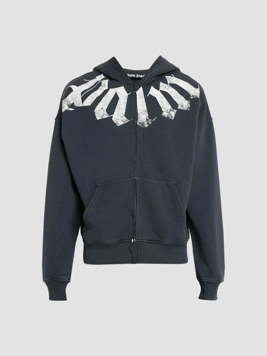 Palm Angels Men's Big Neck Logo Full-Zip Loose Hoodie - Black Offwhite - Size XXL