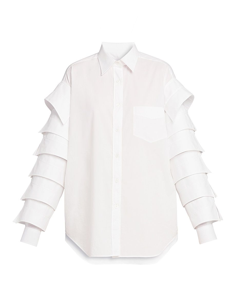 Women's Ruffled-Sleeve Cotton Shirt - Multi White - Size 8