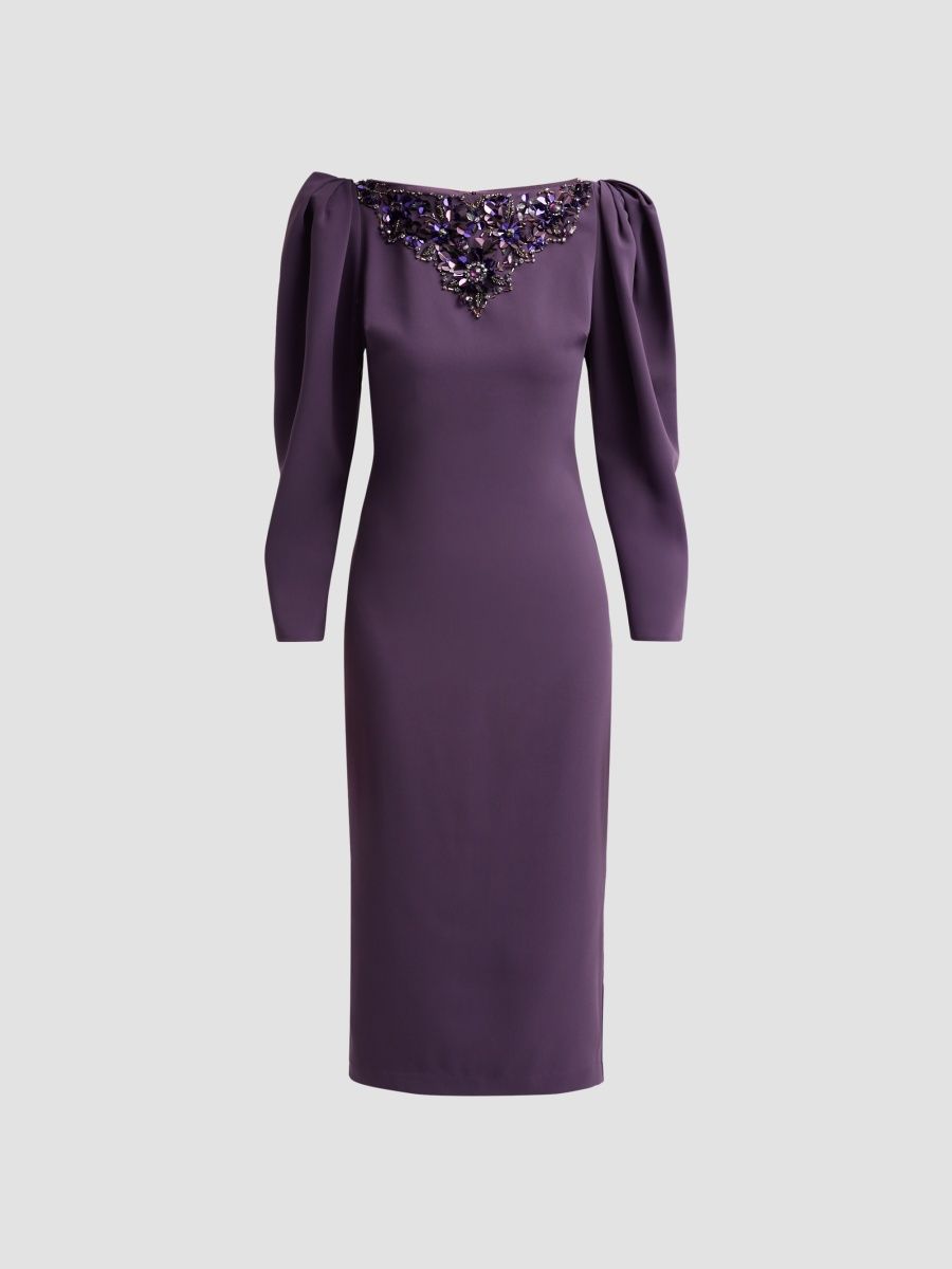 Badgley Mischka Women's Beaded-Yoke Midi Sheath Dress - Plum - Size 0