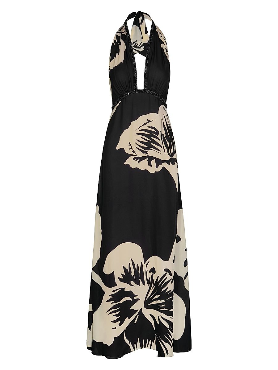 Women's Micaela The Old Garden Embellished Floral Silk Cape Maxi Dress - Black Ecru - Size 10