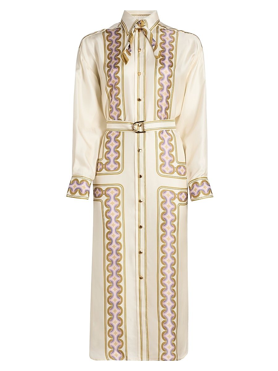 Women's Luna Retro-Print Silk Midi-Shirtdress - Retro Geo - Size 10